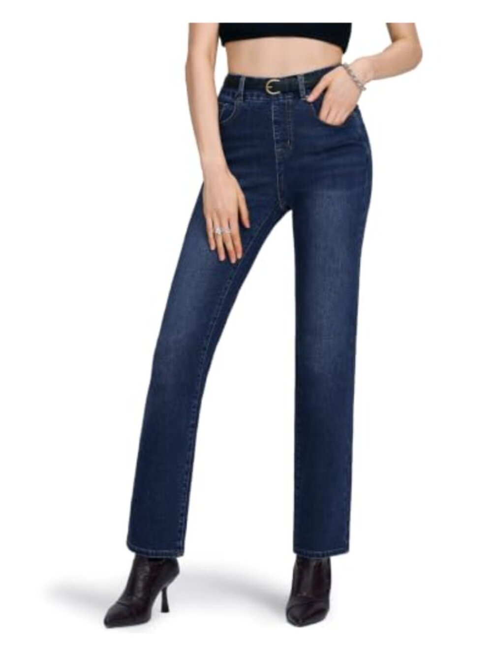 Pull-On High Waisted Straight Leg Stretchy Jeans Tummy Control